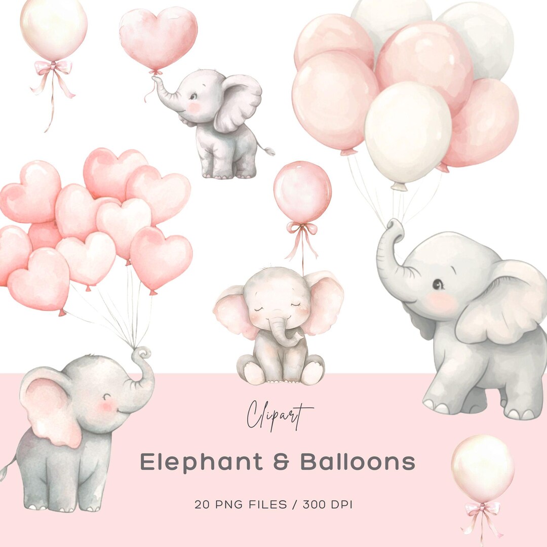 Watercolor Baby Elephant Balloons Clipart: Pink Nursery Art (20 Pngs ...