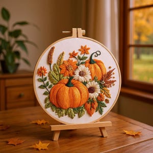 Könnte beinhalten: Ein runder Stickrahmen mit einem Herbstdesign. Das Kunstwerk zeigt zwei orangefarbene Kürbisse, weiße und orangefarbene Blumen und grünes Laub. Die Stickerei wird auf einer Holzstaffelei präsentiert, mit Herbstblättern auf dem Tisch.