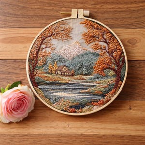 Puede incluir: Un bordado detallado de un paisaje en un aro de madera. La obra de arte representa un río sereno, una pequeña casa y una cordillera, todo rodeado de árboles con hojas naranjas y marrones. Una rosa rosa descansa sobre la superficie de madera.
