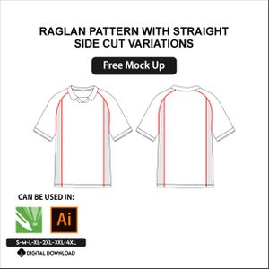 May include: A white raglan pattern t-shirt design with straight side cut variations. The design includes a front and back view of the shirt. Text includes "Free Mock Up", "Can Be Used In:" and size options from S to 4XL. Digital download.