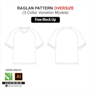 May include: A white raglan pattern oversized t-shirt design, front and back views, with short sleeves and a V-neck collar. The image includes the text "RAGLAN PATTERN OVERSIZE (3 Collar Variation Models)" and "Free Mock Up".
