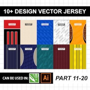 Puede incluir: Una colección de más de 10 diseños vectoriales para camisetas deportivas con diversas texturas geométricas, a rayas y abstractas en rojo, azul, blanco, naranja, azul oscuro, verde azulado, granate y amarillo. Incluye el texto 10+ DESIGN VECTOR JERSEY y PART 11-20.