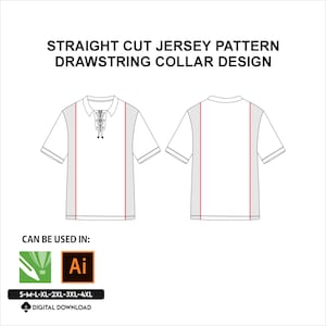 May include: A technical fashion illustration of a straight cut jersey with a drawstring collar design, showing front and back views with red vertical lines. The text reads STRAIGHT CUT JERSEY PATTERN DRAWSTRING COLLAR DESIGN, CAN BE USED IN, and Ai.