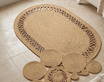 Boho badkleedset, duurzame jutemat voor badkamer, geweven ovale loper en ronde contourmat Milieuvriendelijk spadecor Unieke housewarmer