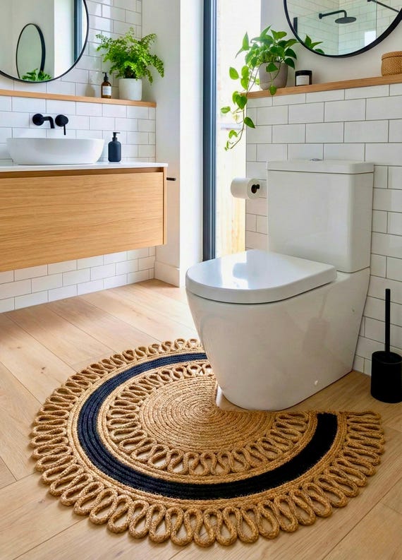 Boho Jute Bath Mat Black Semi Circle Toilet Rug Natural Braided