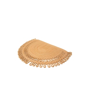 May include: A half-circle jute rug with a natural tan color. The rug features a looped border design, adding a decorative element. The rug is suitable for indoor use and adds a touch of natural texture to any space.
