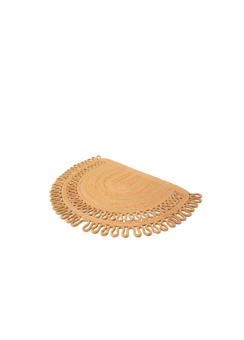 May include: A half-circle jute rug with a natural tan color. The rug features a looped border design, adding a decorative element. The rug is suitable for indoor use and adds a touch of natural texture to any space.