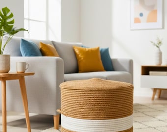 Luxury Handwowe Jute Rope Pouf  Artisan Floor Ottoman Natural & White  Designer Home Accent  HomeT Loft Collection