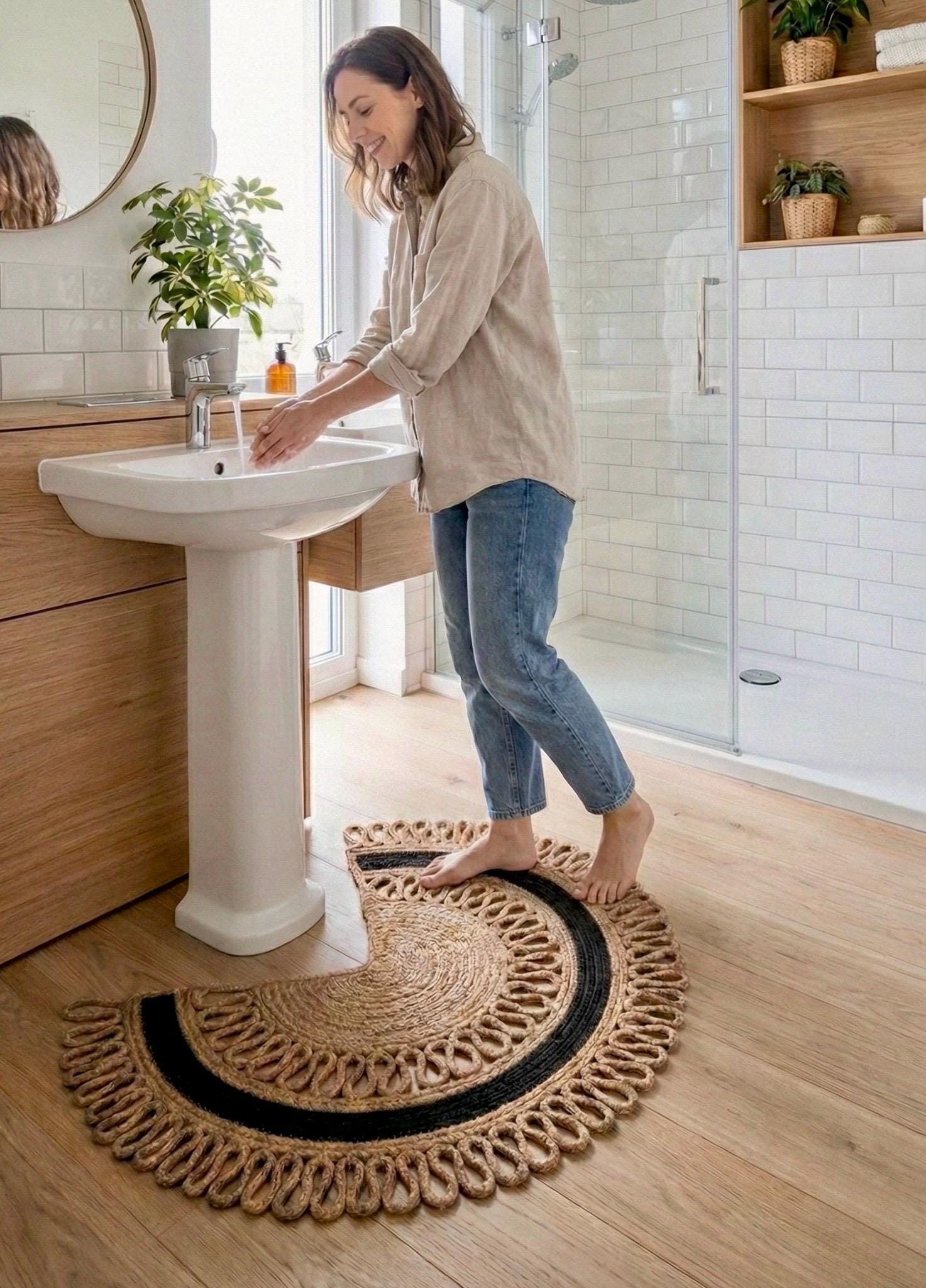 Boho Jute Bath Mat Black Semi Circle Toilet Rug Natural Braided