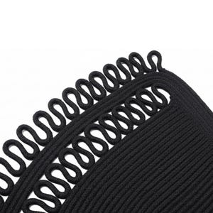 May include: Close-up of a black, textured rug with a unique design. The rug features a looped border and a ribbed interior, creating a visually interesting pattern. The dark color and detailed texture suggest a durable and stylish home decor item.