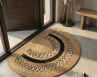 Half Moon Jute Doormat Boho Entryway Rug Natural Braided Welcome Mat Washable Bathroom Rug Semi Black Circle Indoor Outdoor Decor