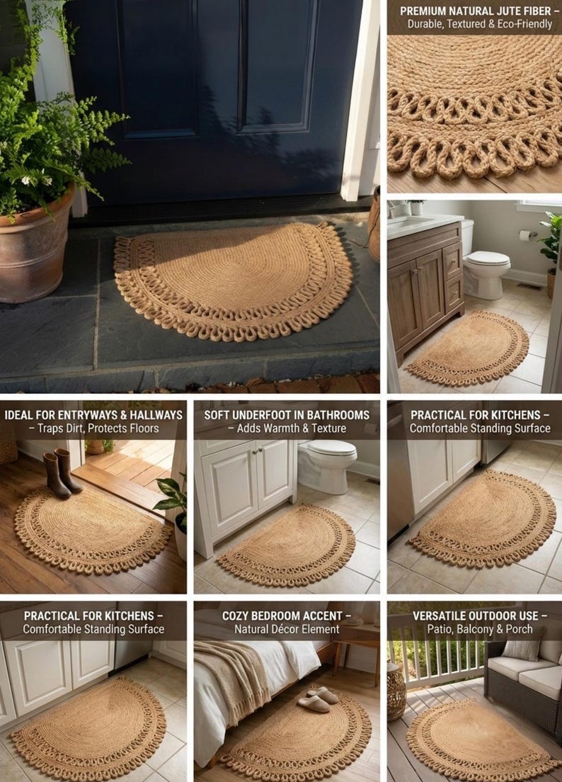 Doormat Elevate Your Entryway Washable Half Moon Jute Luxury Non-Slip Welcome Mat for Villa, Yacht & RV - Boho Front Porch Decor image 18