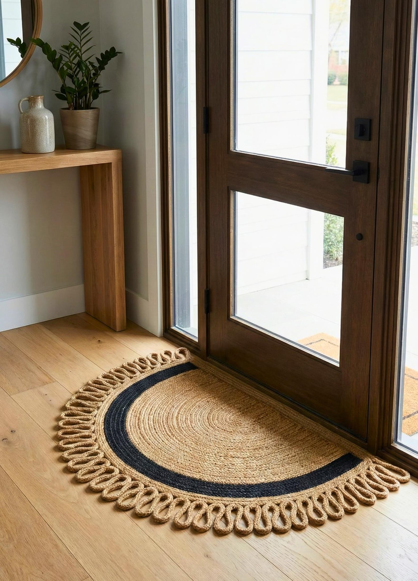 Half Moon Jute Doormat Boho Entryway Rug Natural Braided Welcome Mat Washable Bathroom Rug Semi Circle Indoor Outdoor Decor - Black Stripe, 60 x 90 cm