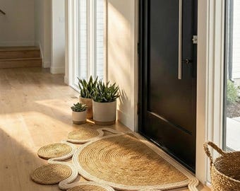 Half Moon Flower Jute Doormat Boho Entryway Rug Natural Braided Welcome Mat Washable Bathroom Rug Semi Circle Indoor Outdoor Decor