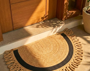 Half Moon Jute Doormat Boho Entryway Rug Natural Braided Welcome Mat Washable Bathroom Rug Semi Circle Indoor Outdoor Decor
