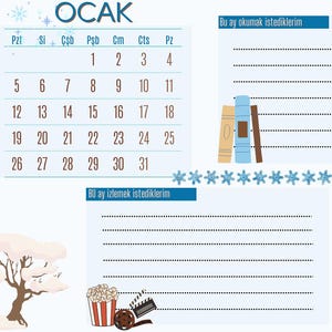 May include: A light blue January calendar page with a snowman illustration, snowflakes, and text in Turkish. Includes a calendar, lined sections for notes, and illustrations of books, popcorn, and film reels.