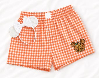 Adorable Halloween Disney Inspired Embroidered Gingham Shorts, Mickey & Minnie Pumpkin Lounge Shorts