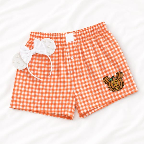 Adorable Halloween Disney Inspired Embroidered Gingham Shorts, Mickey & Minnie Pumpkin Lounge Shorts