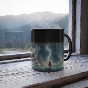 May include: Black heat-sensitive mug with a wraparound design featuring a mythological scene with a figure in the ocean, lightning, and a white horse. The mug is sitting on a white wooden surface.