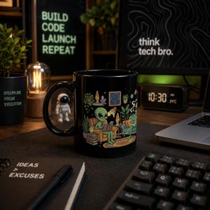Chill Alien Room Scene Mug | Funny Alien Reading | Cute UFO Cup | Book Lover Gift | Nerd Geek Gift | Sci-Fi Coffee Mug | Black Ceramic Mug