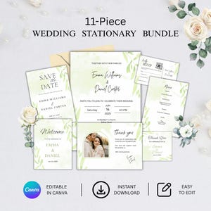 Puede incluir: Un paquete de papelería de boda de 11 piezas con tarjetas blancas y detalles de hojas en acuarela verde. Incluye Save the Date, invitación, tarjeta RSVP, menú, letrero de bienvenida y tarjetas de agradecimiento para Emma y Daniel.