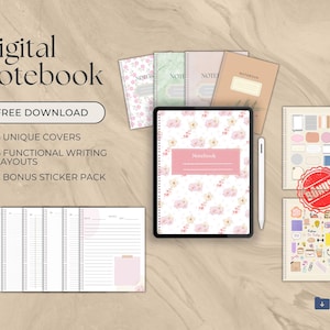 Puede incluir: Cuaderno digital con diseño floral, una tableta y un lápiz óptico. La imagen incluye cinco cubiertas únicas, seis diseños de escritura y dos paquetes de pegatinas de bonificación. El texto "Descarga gratuita" también es visible.