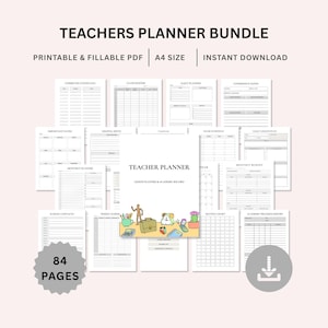 Puede incluir: Un paquete de planificador para docentes con 84 páginas de documentos PDF en tamaño A4, imprimibles y rellenables. La colección incluye plantillas para registros de comunicación, listas de clase, planificadores diarios, notas y presupuestos.