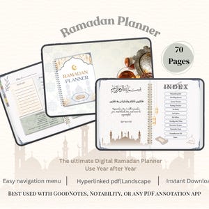 May include: Digital Ramadan Planner with 70 pages, featuring an index, daily trackers, and a cover design with the words "Ramadan Planner". The planner is designed for use year after year and is best used with GoodNotes or Notability.