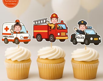 May include: Cupcakes with edible toppers showing a child in an ambulance, fire engine, and police car. The toppers are shaped like the vehicles. The cupcakes have white icing and are on a white surface. The text "Any Skin Color" is visible.