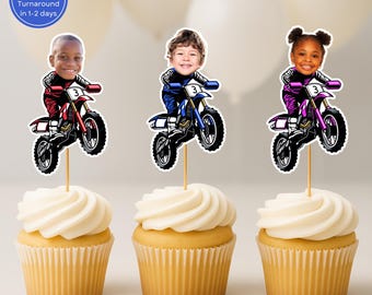 Motorcycle Cupcake Toppers with Photo – Personalized Dirt Bike Birthday Decorations – Motocross or Racing Theme Party Decor