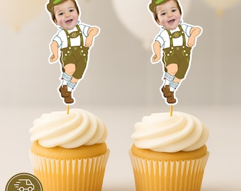 Lederhosen Party Face Cupcake Toppers – Personalized Oktoberfest Onetoberfest German Birthday Decor