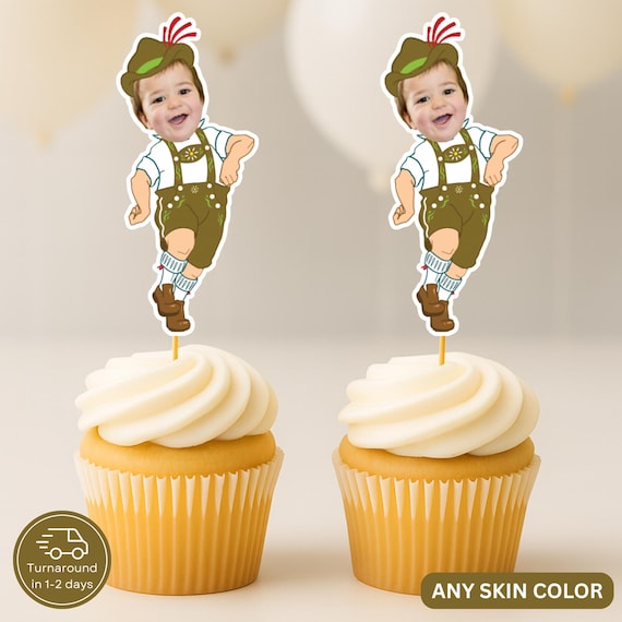 Lederhosen Party Face Cupcake Toppers – Personalized Oktoberfest Onetoberfest German Birthday Decor