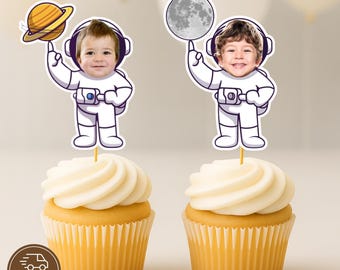 Adornos para cupcakes de astronauta con foto – Primer viaje alrededor del sol o dos viajes a la luna – Decoraciones de cumpleaños personalizadas para una fiesta espacial