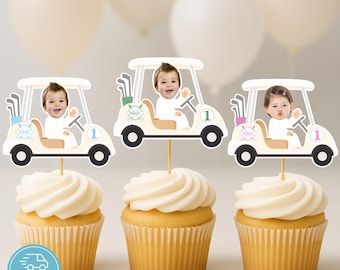 Golf Car Cupcake Toppers with Photo Hole In One Mastered His First Year Birthday Decorations Caddie Let’s Par-Tee Golf Party Decor