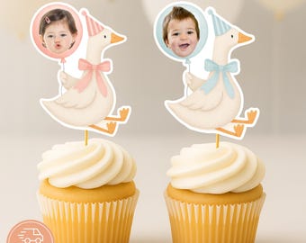 Silly Goose Cupcake Toppers with Photo One Silly Goose Birthday Decorations Funny Goose Party Theme Personalized 1st Birthday Decor