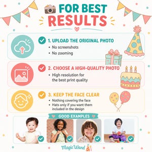 May include: An instructional infographic titled FOR BEST RESULTS with three steps: 1. UPLOAD THE ORIGINAL PHOTO, 2. CHOOSE A HIGH-QUALITY PHOTO, and 3. KEEP THE FACE CLEAR. It features colorful icons, a party hat, gift, cake, balloons, and four photos of children.