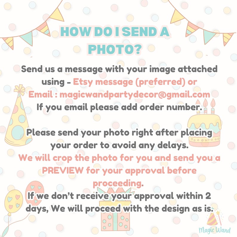 May include: A pastel-colored graphic with the text "HOW DO I SEND A PHOTO?" and instructions for sending photos via Etsy message or email. Includes illustrations of a party hat, cake, and balloons.
