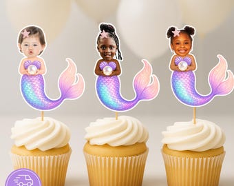 Mermaid Cupcake Toppers with Photo Under the Sea Birthday Decorations Personalized Mermaid Party Supplies Ocean Birthday Decor