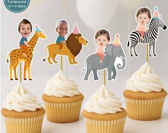 Party Animal Safari Cupcake Toppers with Custom Face Jungle Wild One Birthday Party Decorations