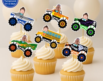 Adornos personalizados para cupcakes de Monster Truck con foto - Decoraciones personalizadas para cumpleaños de Monster Truck - Adorno personalizado para cupcakes con cara
