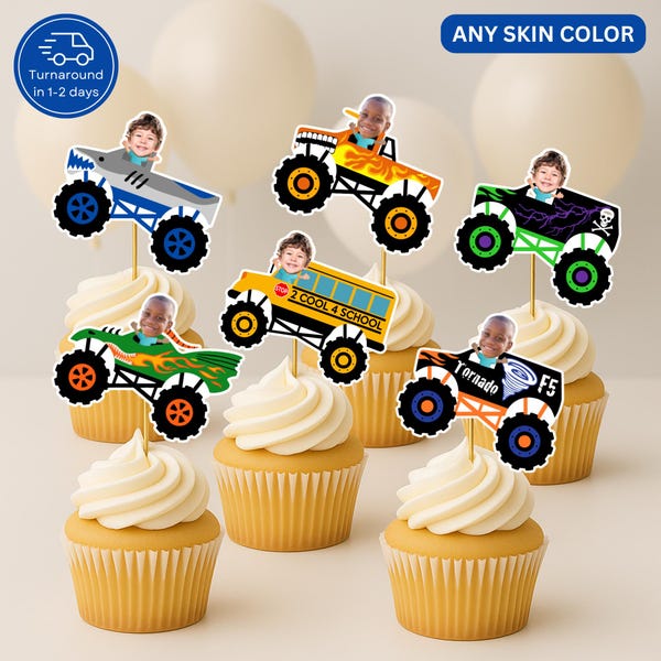 Personalisierte Monster Truck Cupcake Topper mit Foto - Personalisierte Monster Truck Geburtstagsdekoration - Custom Gesicht Cupcake Topper