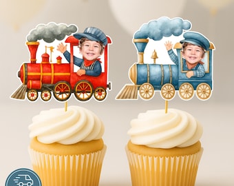 Train Cupcake Toppers with Photo Choo Choo I’m Two Birthday Decorations Chugga Chugga Two Two All Aboard Train Personalized Railroad