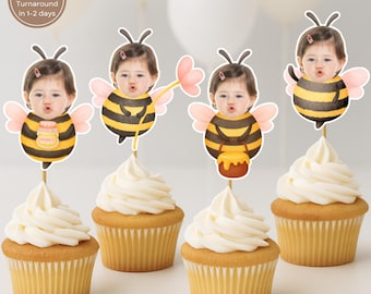 Bee Cupcake Toppers with Photo First Bee Day Birthday Decorations Little Honey or Sweet to Bee One Party Supplies