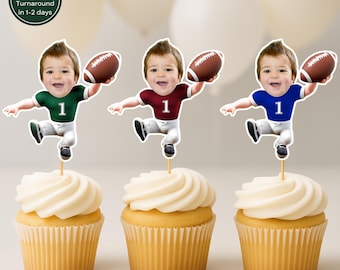 Football Cupcake Toppers with Photo Personalized First Down Birthday Party Decorations Sports Theme Cupcake Topper First Birthday