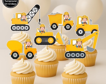 May include: Yellow construction vehicle cupcake toppers with a child in a hard hat. The toppers include a crane, dump truck, excavator, and cement mixer. The text "Turnaround in 1-2 days" and "ANY SKIN COLOR" are also visible.