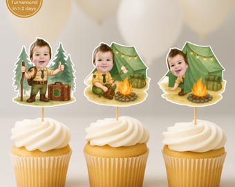 Happy Camper Cupcake Toppers Aangepaste Gezichtsfoto Camping Verjaardagsfeestje Decoraties