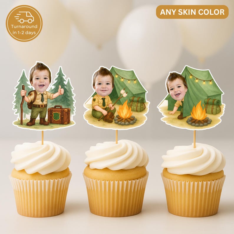 Happy Camper Cupcake Toppers Custom Face Photo Camping Birthday Party Decorations image 1