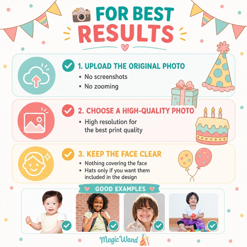 K&ouml;nnte beinhalten: Eine informative Grafik mit dem Titel FOR BEST RESULTS und drei Schritten: 1. UPLOAD THE ORIGINAL PHOTO, 2. CHOOSE A HIGH-QUALITY PHOTO und 3. KEEP THE FACE CLEAR. Sie enth&auml;lt bunte Symbole, einen Partyhut, ein Geschenk, eine Torte, Luftballons und vier Kinderfotos.