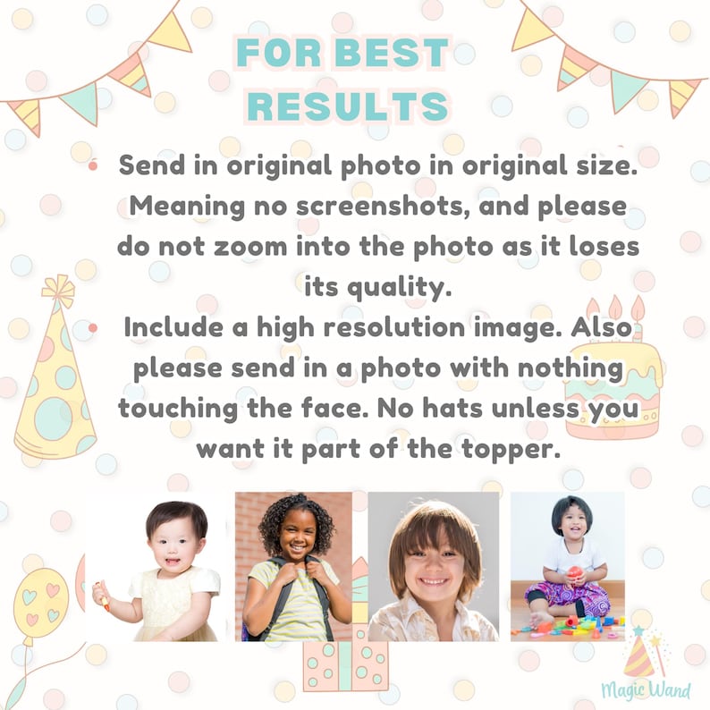 May include: A light background with the text "FOR BEST RESULTS" and instructions for submitting photos. Includes illustrations of a party hat, a cake, and children. The text advises on photo quality and features.