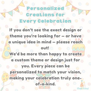 May include: Image with text: "Personalised Creations for Every Celebration." The text promotes custom designs for celebrations. Includes illustrations of a party hat, cake, balloon, and gift box, all in pastel colours.
